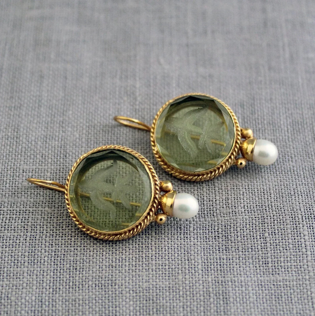 Jade - Vintage Round Green Stone Pearl Earrings