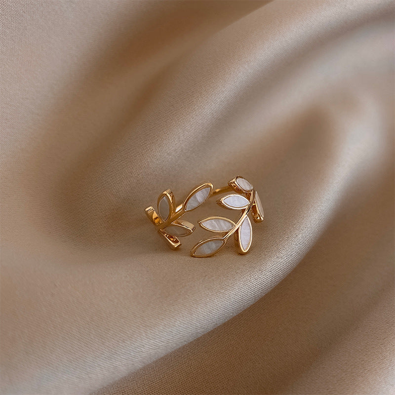 Jolie - Adjustable Gold With White Opal Leaf Ring